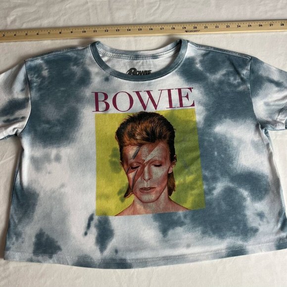 David Bowie Cropped Top Women's Size M Blue/White Marble Cotton Blend Crew Neck - Picture 4 of 7